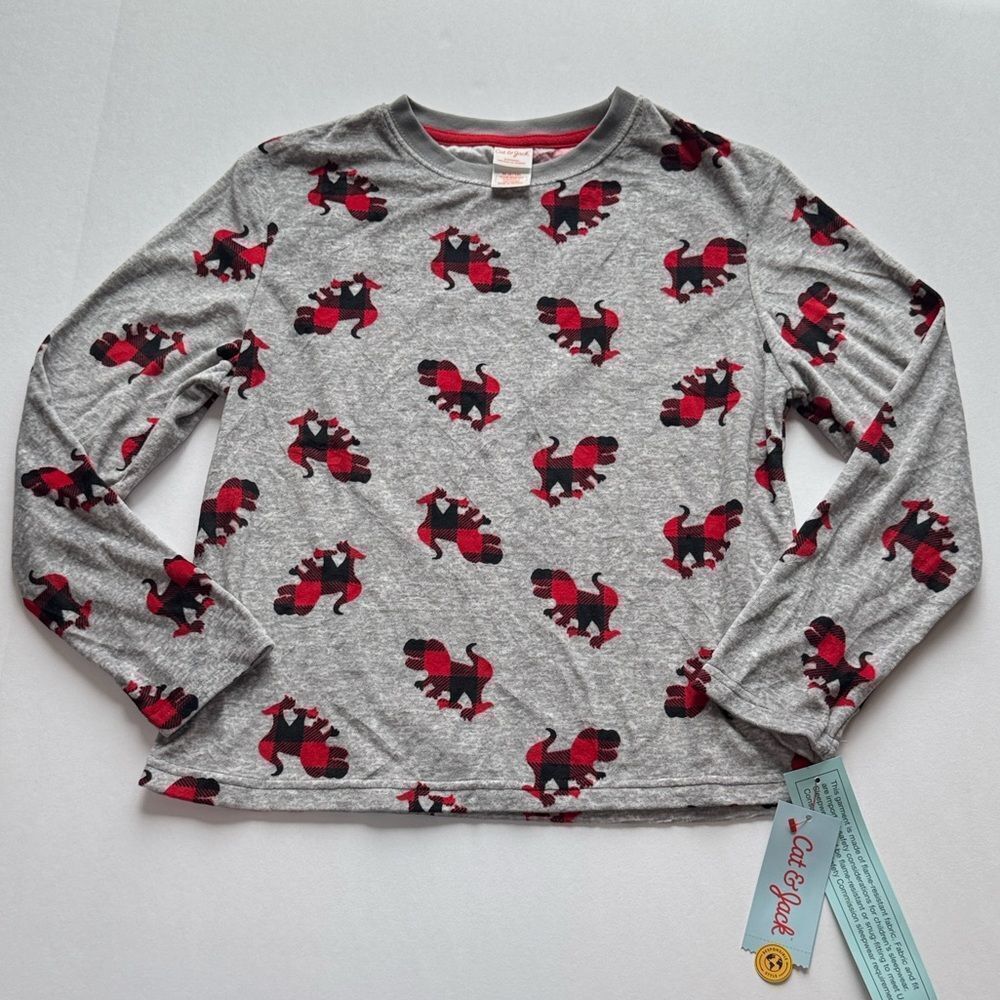 Cat & Jack Boys Gray Long Sleeve Pajama Shirt with Red Dinosaur Pattern Size M